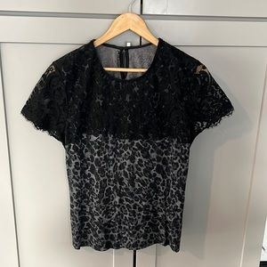 Elie Tahari Animal Print Lace Top Stretchy Soft Black Short Sleeves Medium M